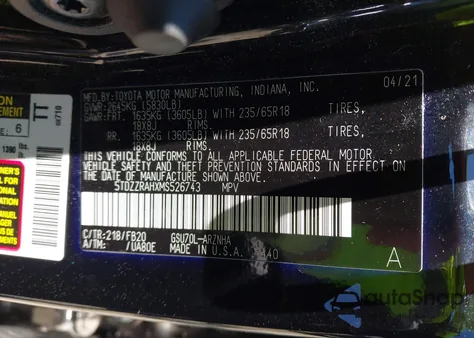 2021 Toyota Highlander Le from USA, damaged, VIN 5TDZZRAHXMS526743